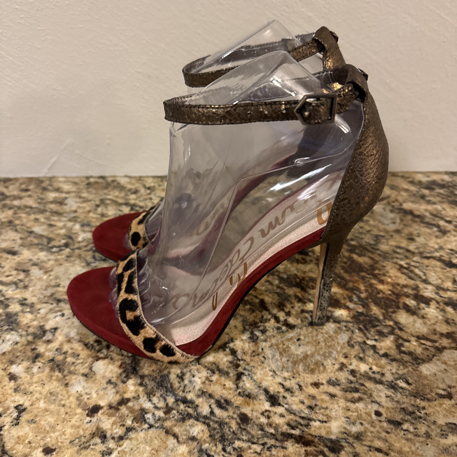 Sam Edelman Eleanor Animal Print Size 8 M Red Gold Ankle Strap Heels Shoes