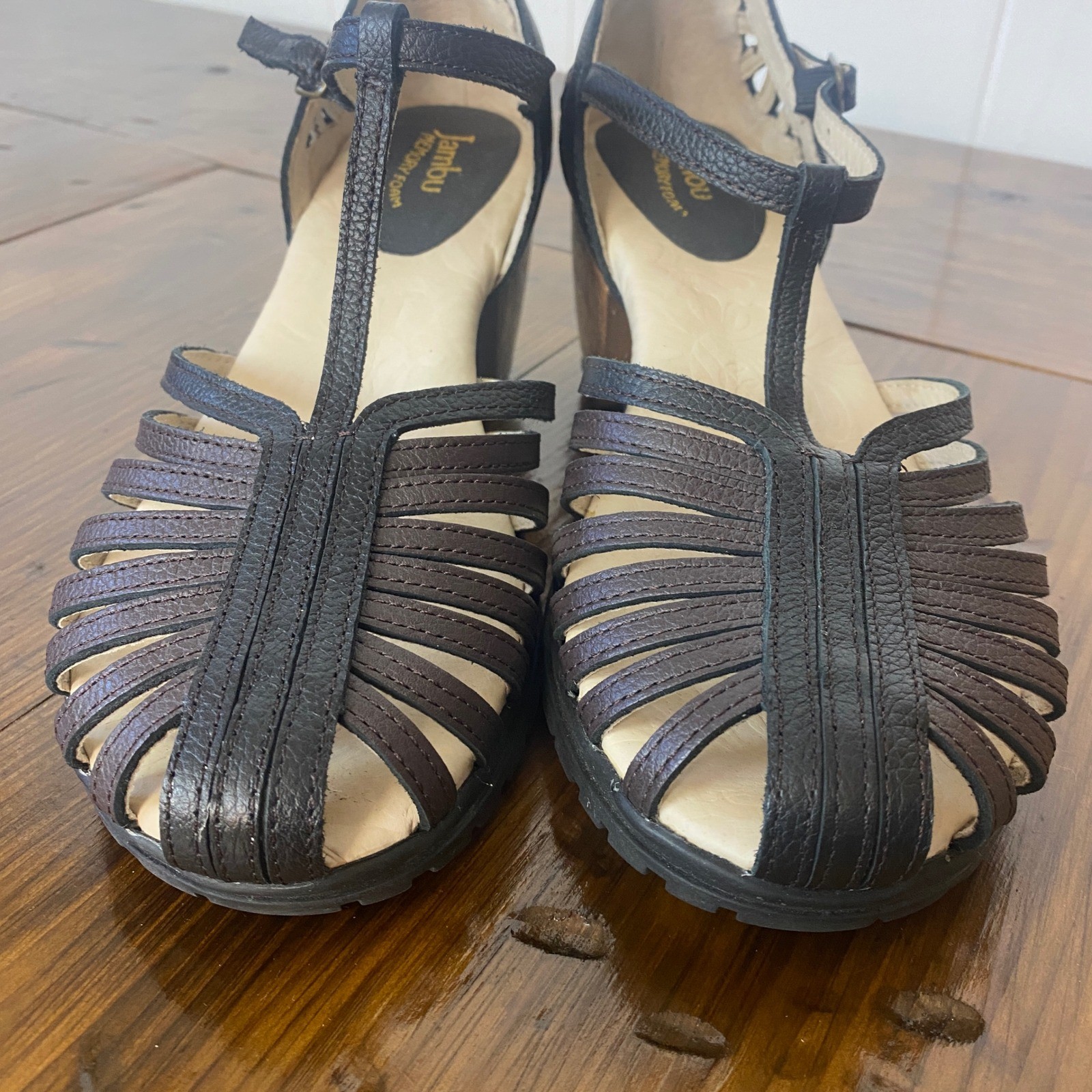 Jambu Sofia Black Leather T-Strap Caged Block Heel Sandals Womens 7M SKU B2