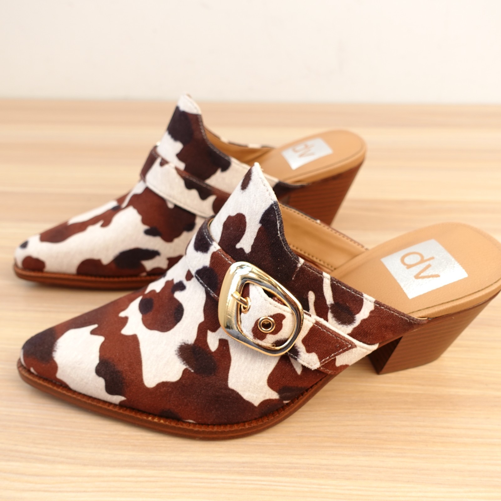 Dolce Vita Womens Mules 6 Brown White DV Cow Print Gold Buckle Slide Y2K NEW