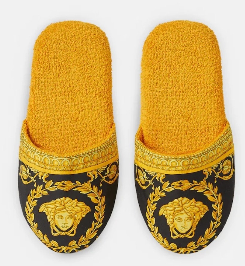 Versace* *AUTHENTIC* Baroque-Print Slide Slippers in Gold/Yellow & Black