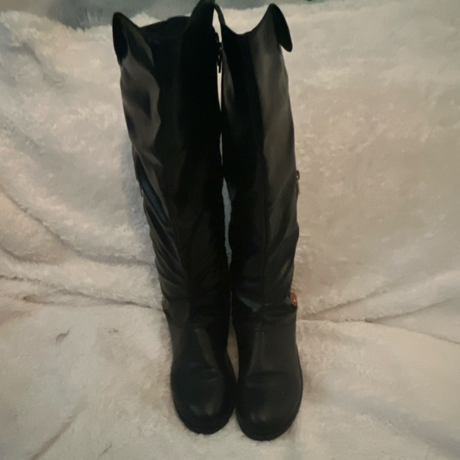 Black Knee High Studded Zipper Women’s Boots Synthetic Block Heel Rubber Sole