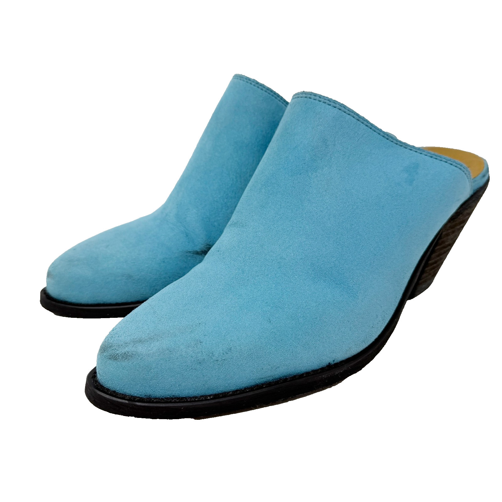Good Guys Dont Wear Leather Lola Blue Vegan Suede Mules Pointed Toe Heels 42