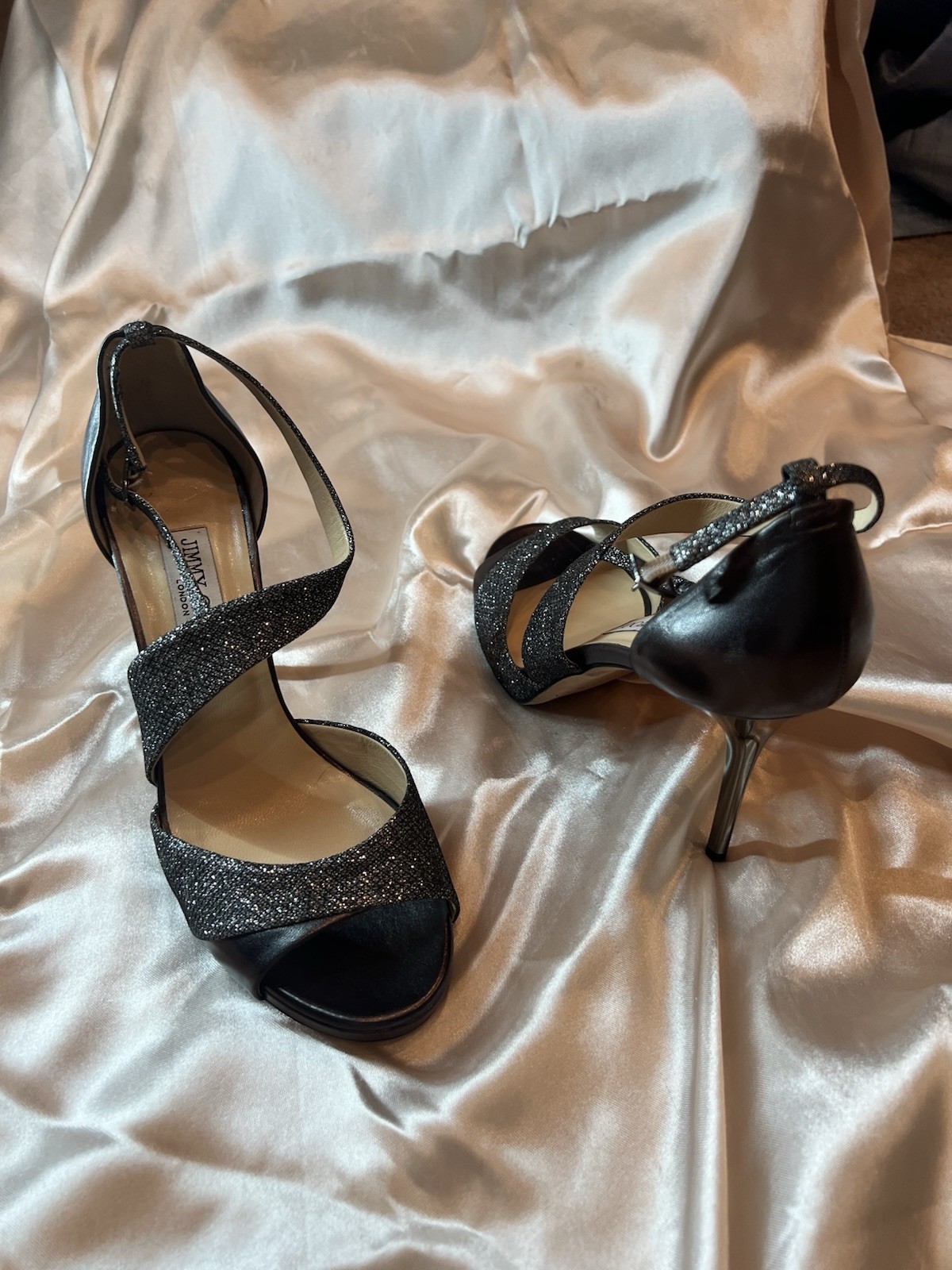 Jimmy Choo Black/Silver Glitter Ankle Strap Stiletto Open Toe Leather 9.5
