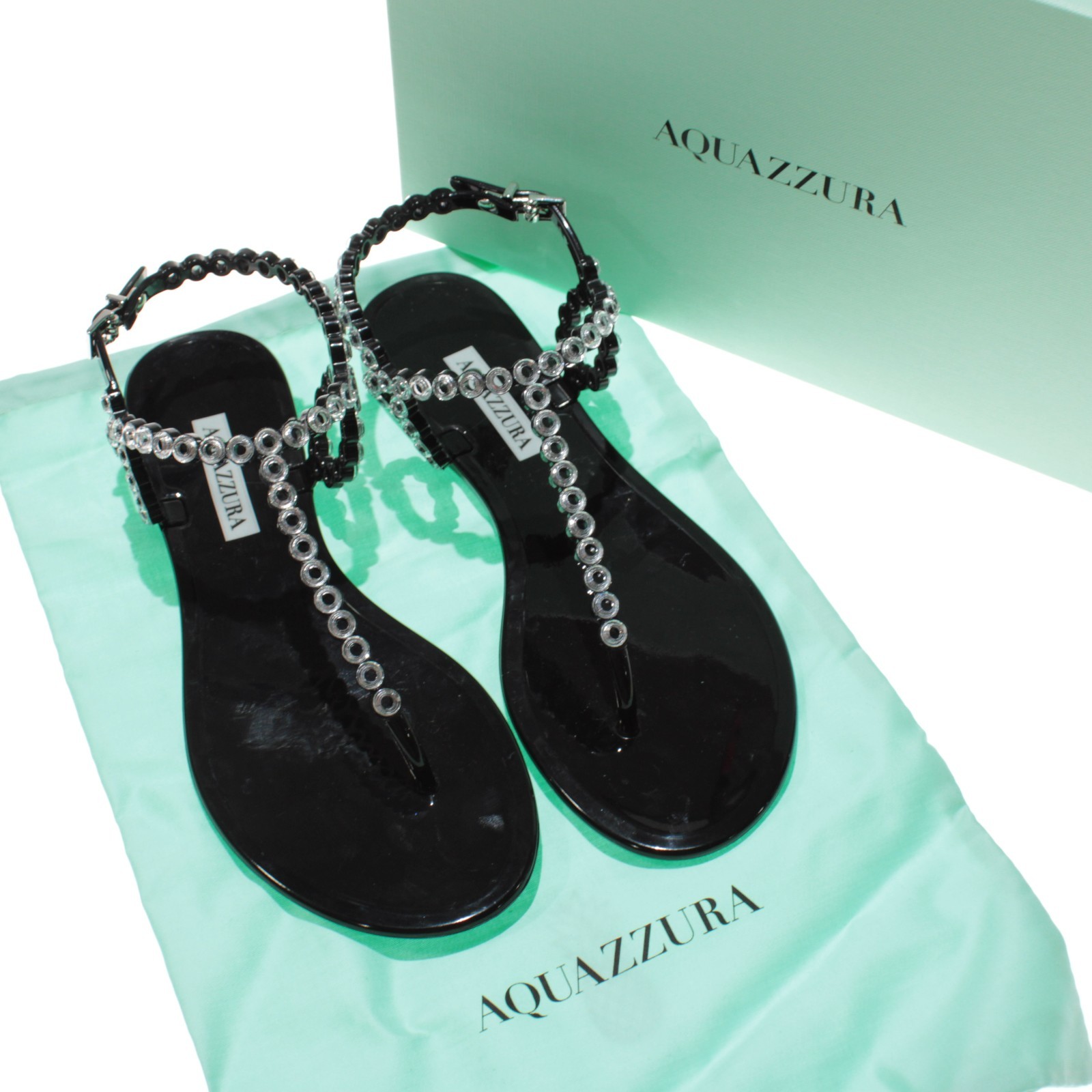 Aquazzura NWB Almost Bare Crystal Jelly Flat Sandals Size 38.5 (US 8.5) in Black