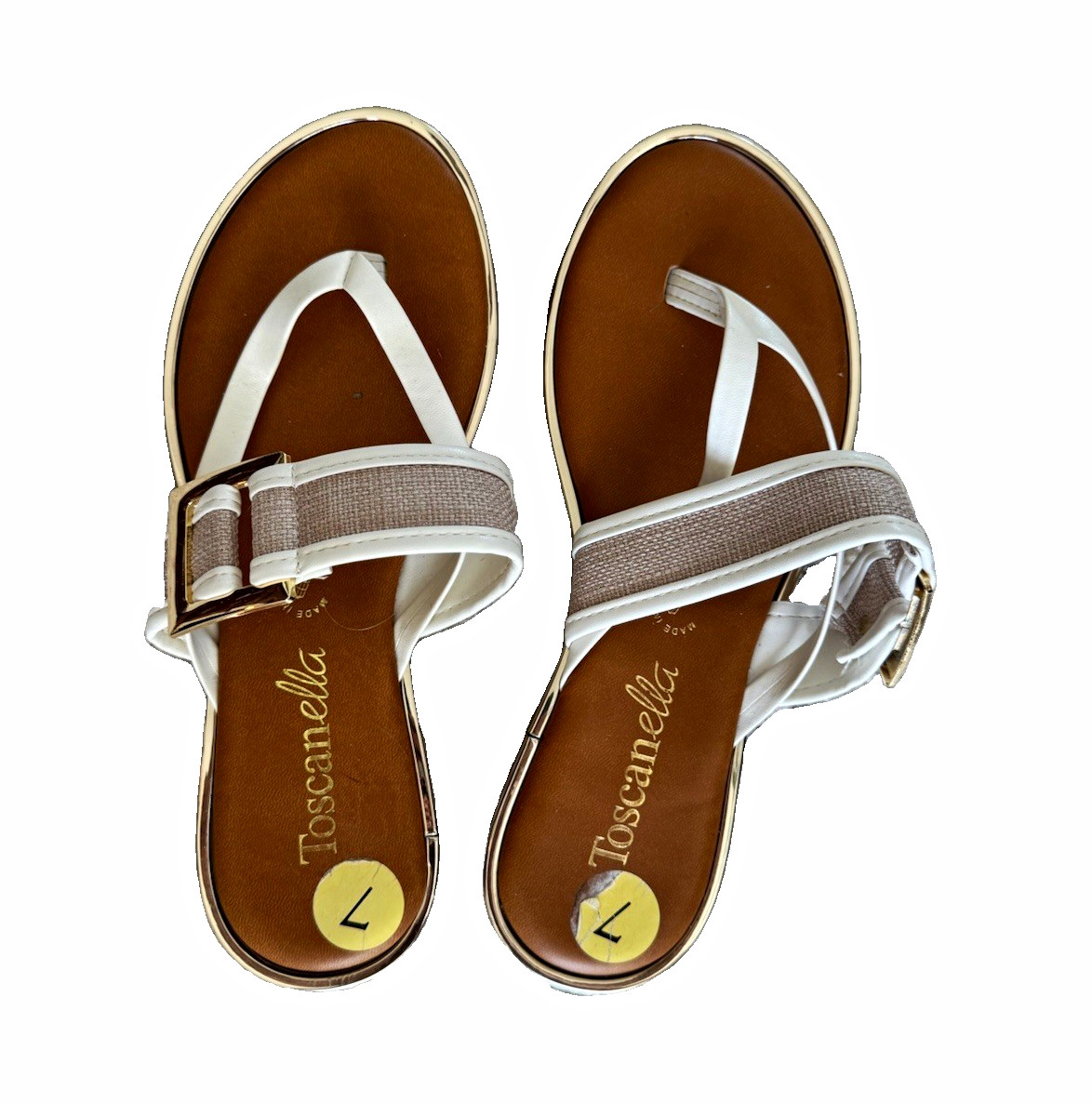 Toscanella Women’s White/Brown Leather Thong Sandals Buckle Straps Size 7
