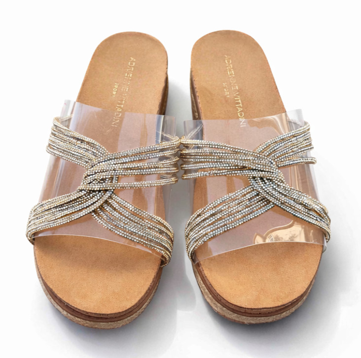 NWOT Proove Adrienne Vittadini Beaded Rhinestone Platform Slide Sandals Size 7.5