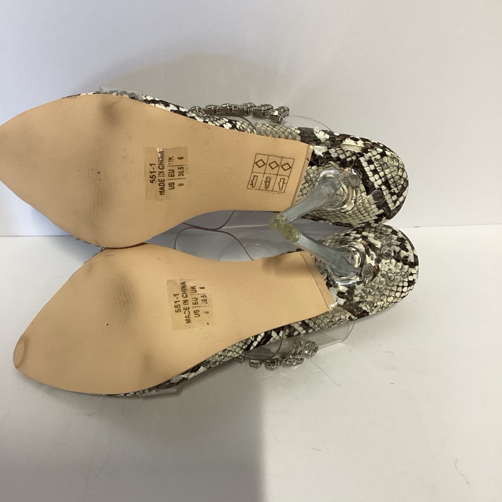 MACKIN J Clear Rhinestone Transparent Strap High Stiletto Heels Sandals Sz8-Prom