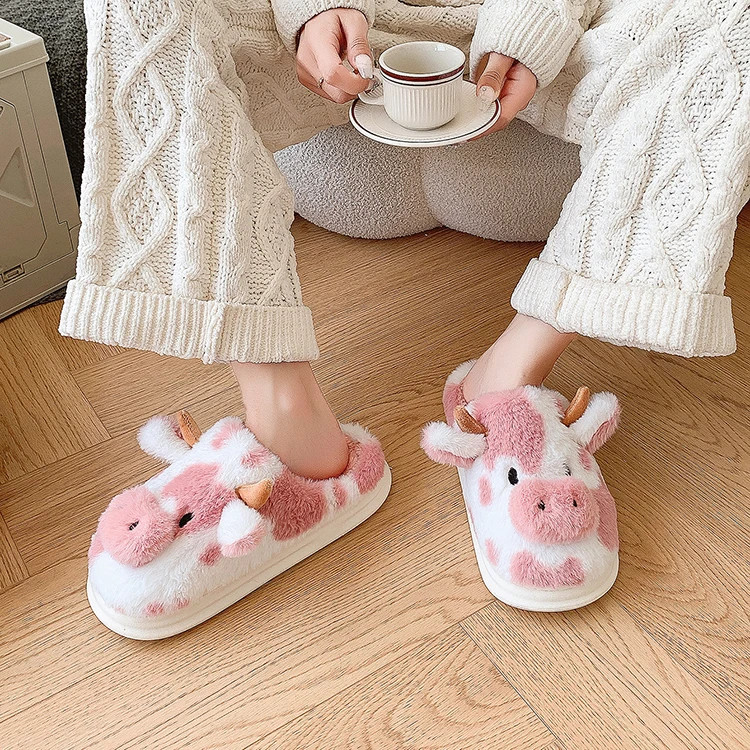 Fluffy Women’s Slippers Home Cartoon Cow Designer Winter Shoes Girls Flat Trend