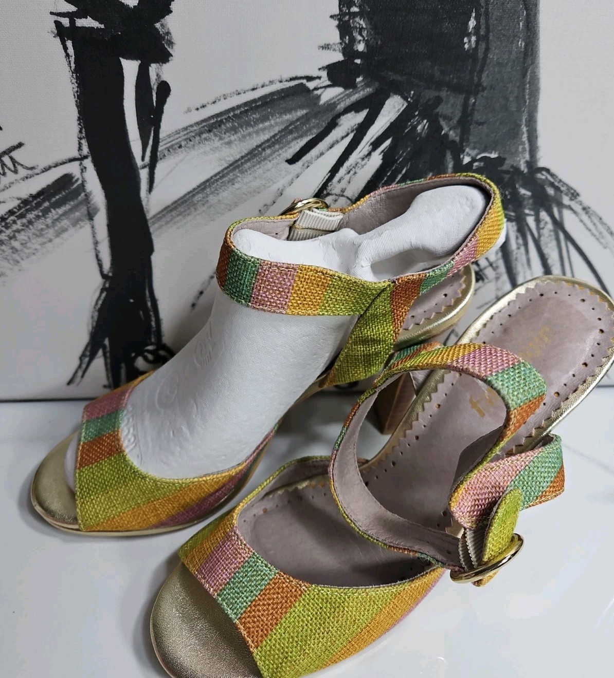 Farylrobin Woven Textile Multicolor 4″ Heels Pump Strappy Sandal 7