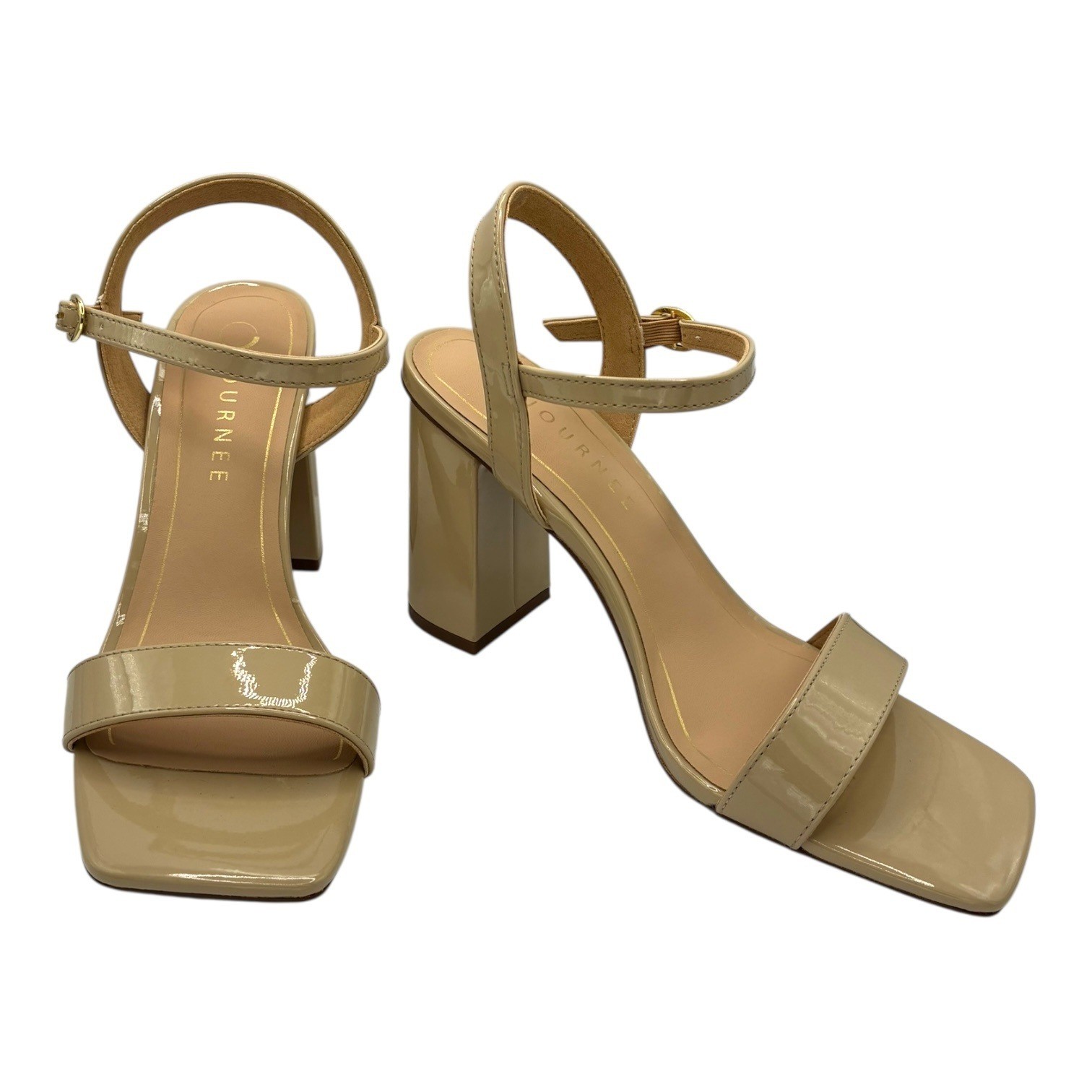 Journee Collection Tivona Tan Patent Block Heels Size 8 NIB 3.25″