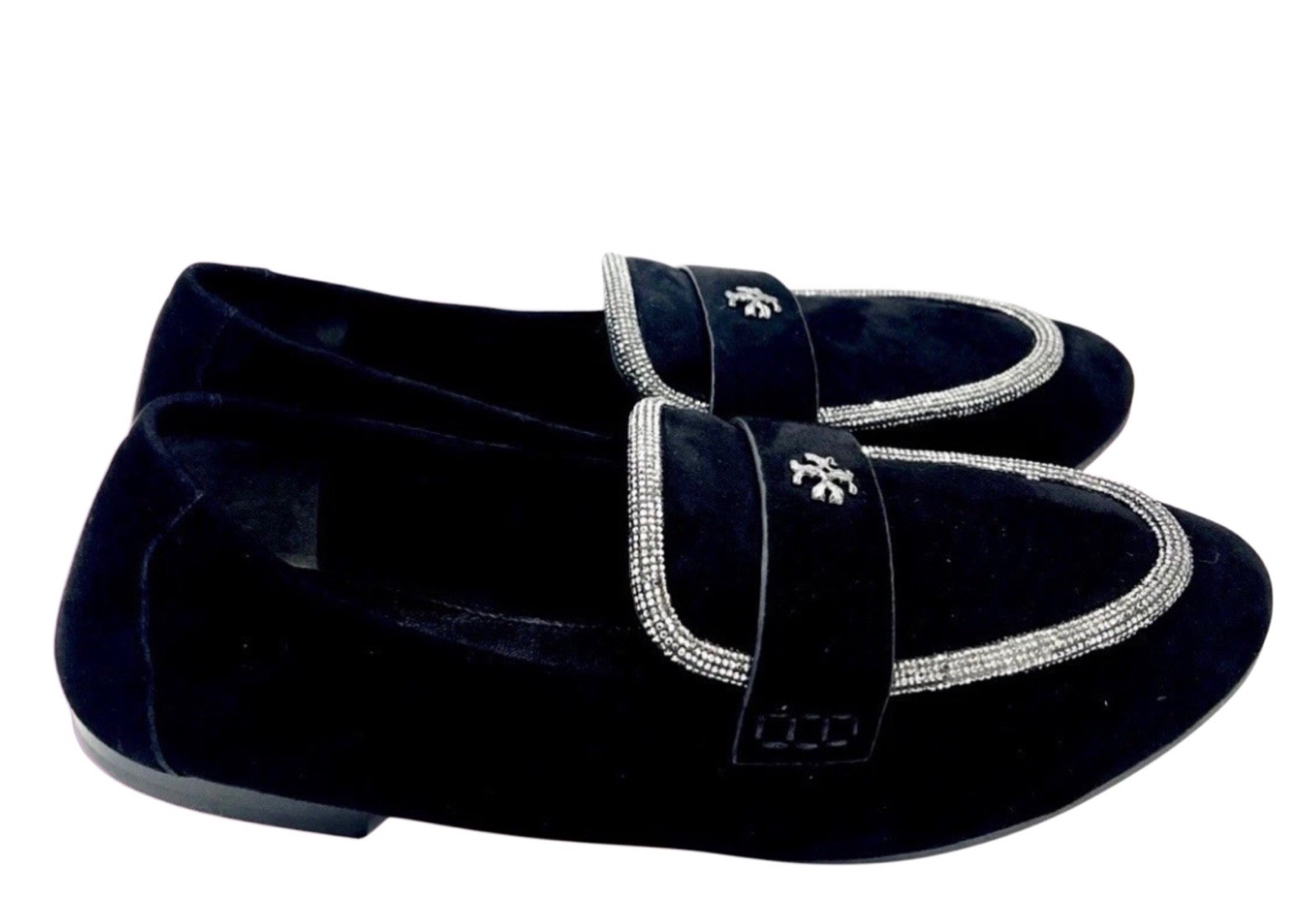 TORY BURCH BALLET LOAFER BLACK SUEDE/CRYSTAL EMBELLISHED MINI LOGO SZ US 9.5 NIB
