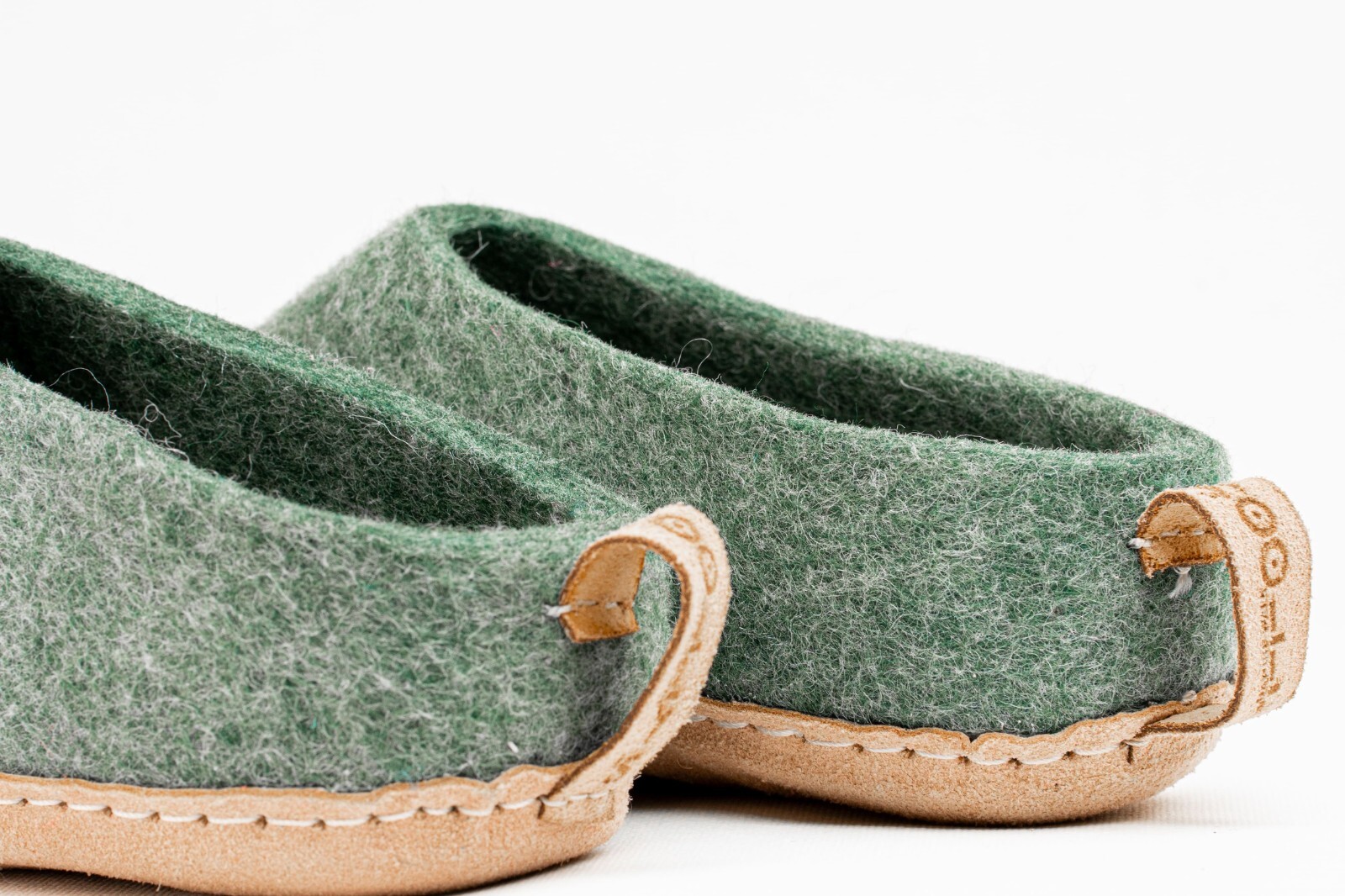 Jungle Green Indoor Open Heel felted Slippers With Leather Sole Eco-friendly