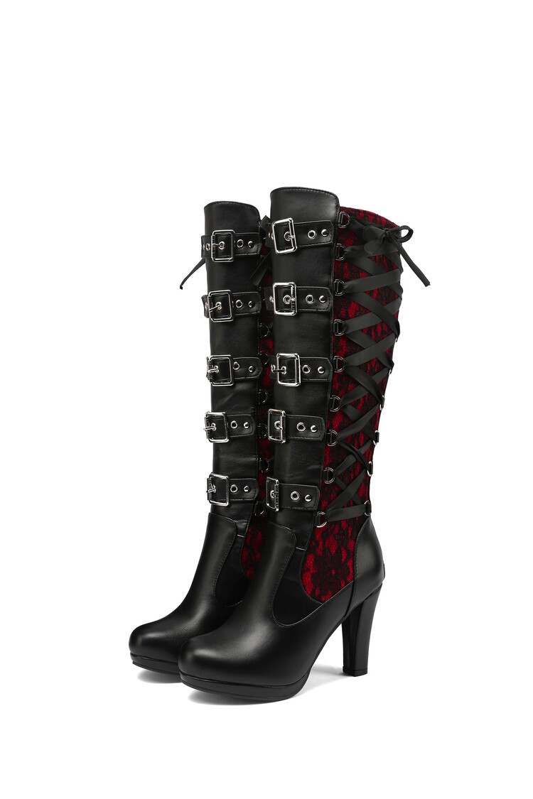 Women’s High Heel Zip Lace Faux Leather Knee High Long Boots Punk Riding Shoes
