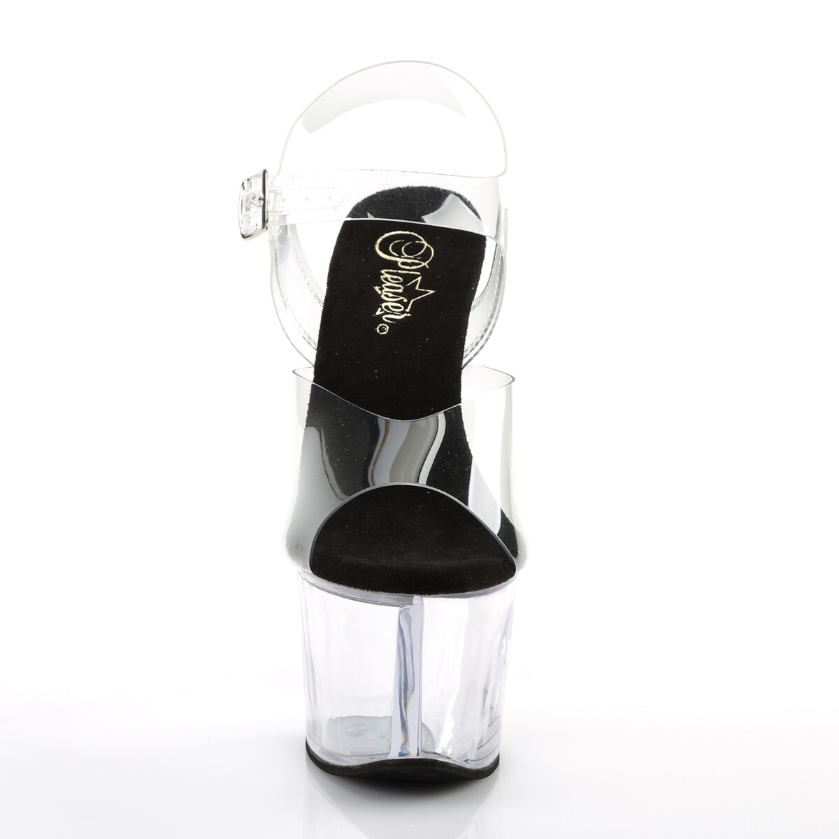 Pleaser SKY-308 7″ Heel Ankle Strap PF Sandal, Clear/Black, Size US Women’s 12