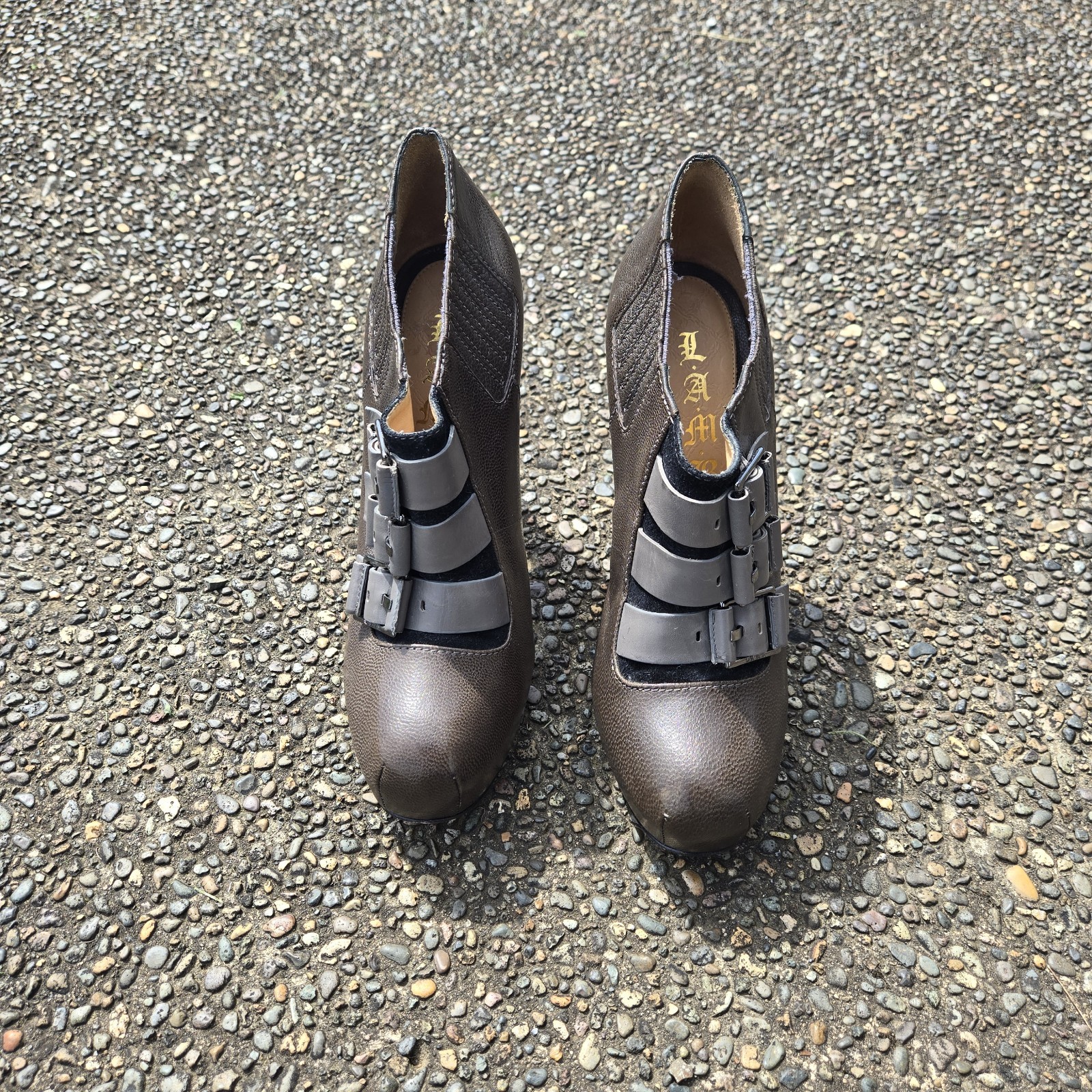 L.A.M.B. King Heeled Ankle Boots Women’s 7.5 Olive Gray Platform Gwen Stefani