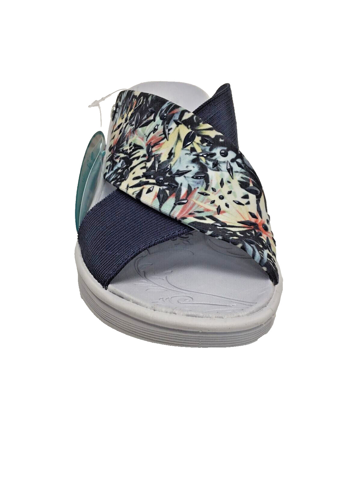 Bzees Diamond X-Band Wedge Slide Sandal | Blue Floral | 11M
