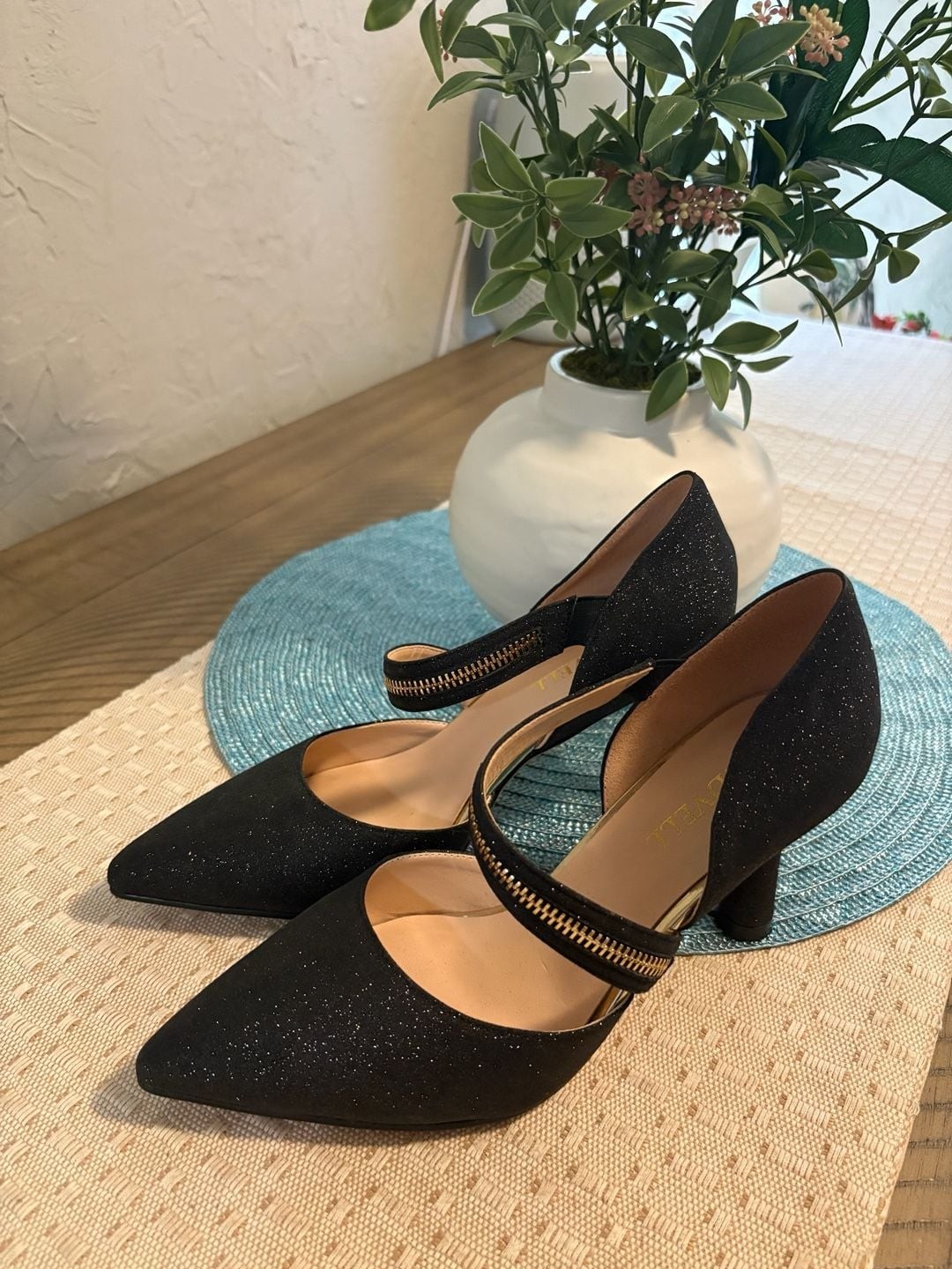 FINDVELL Black Shimmer Pumps with Decorative Zipper Strap Gold Accent Heels