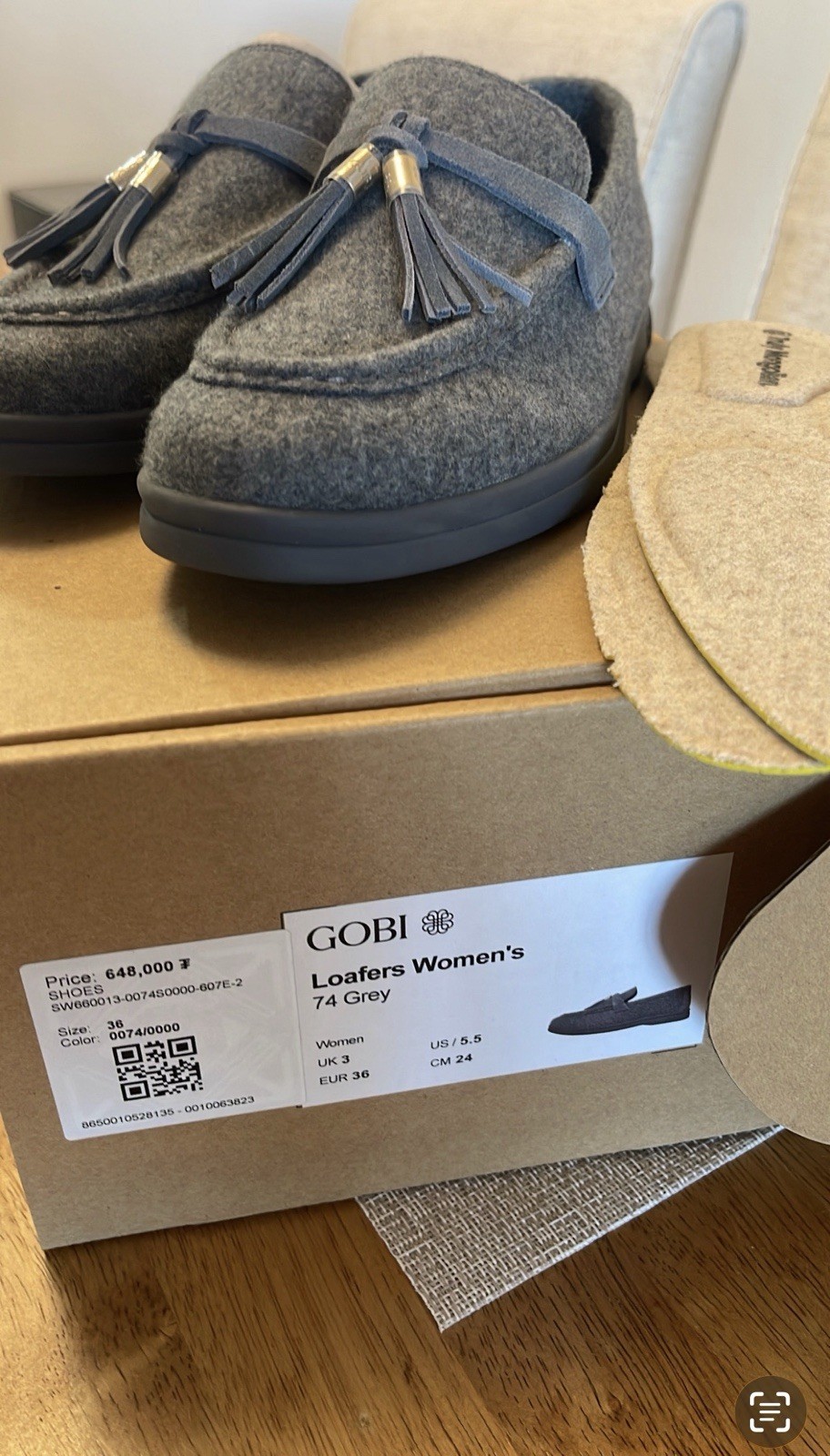 GOBI Mongolian 100% Cashmere Loafers Women Grey Sz: US 5.5 NEW w/Box and Dustbag
