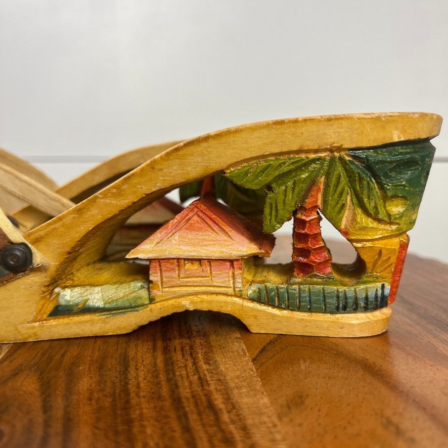 Vintage 1940s WWII Philippines Bakya Hand Carved Painted Wood Sandals Shoes