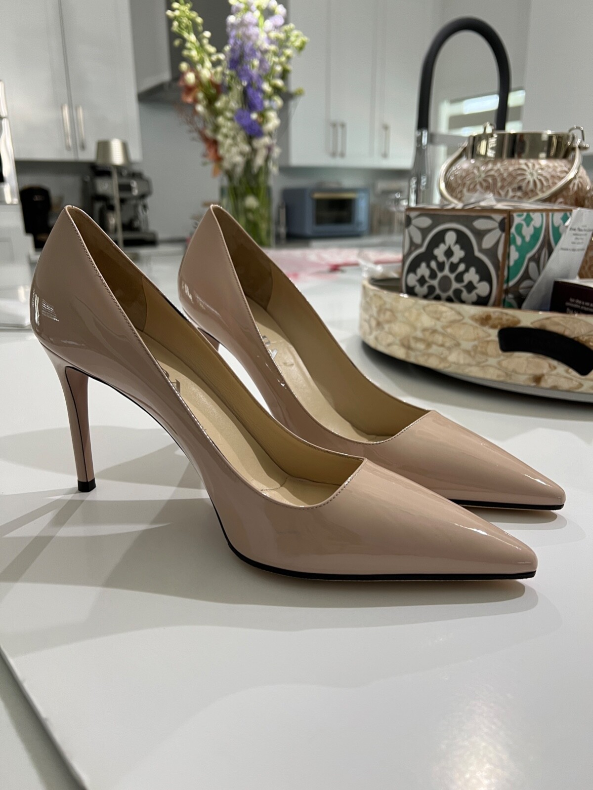 Prada Nude Patent Leather Pointed Toe Classic Elegant Designer Pumps Heels Shoe
