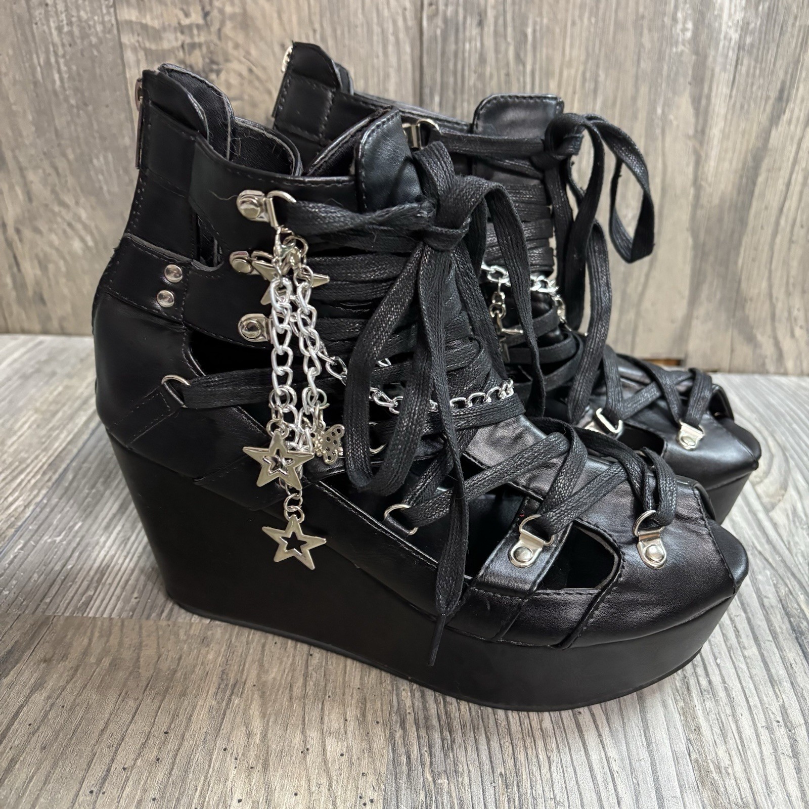 Goth Grunge Platform Gladiator Wedge Chain Charm Black Sandals Women’s 41/ 10