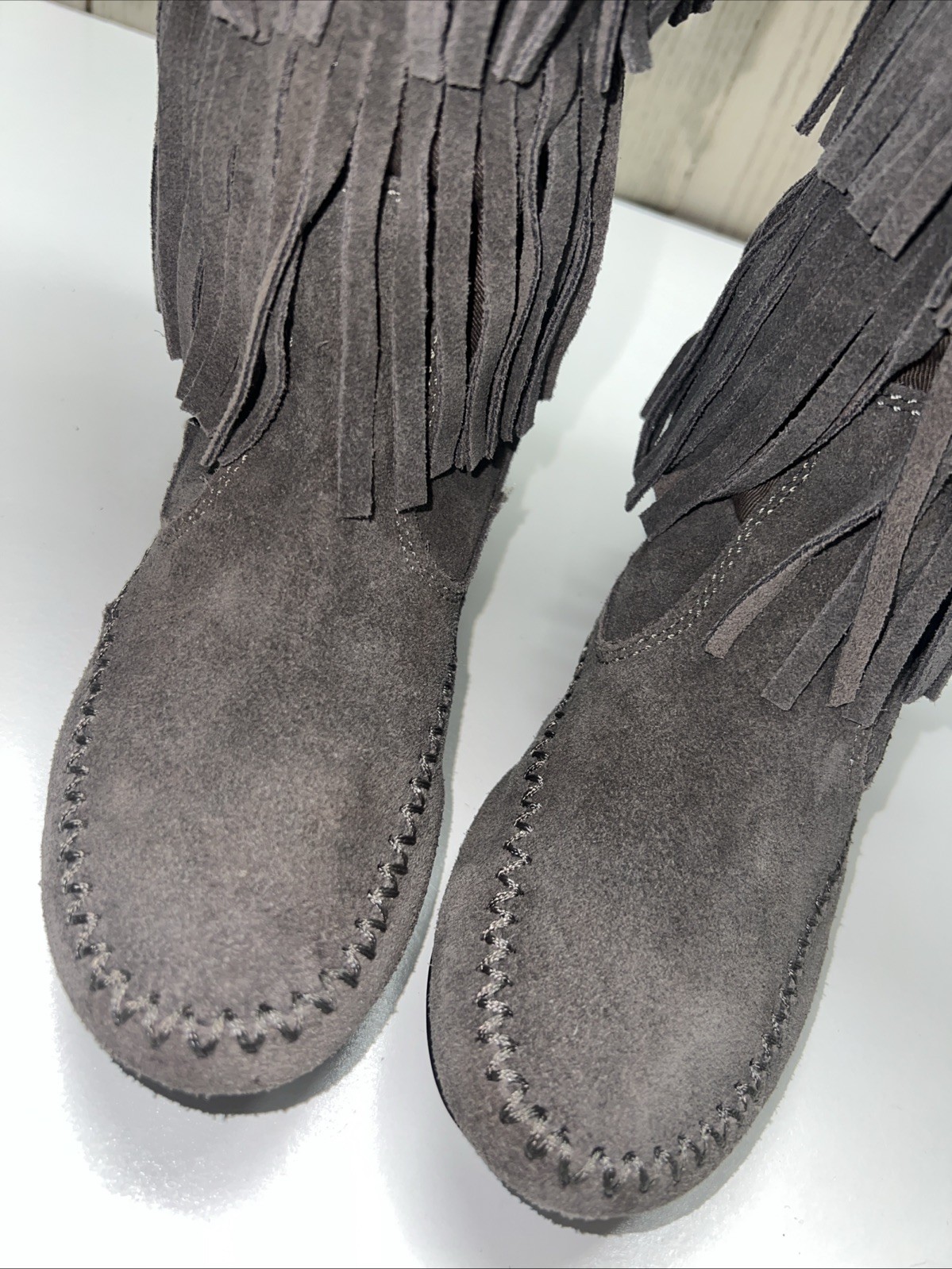 LC Lauren Conrad Thia 3-Tier Fringe Slip On Flat Festival BoHo Moccasin Boot 6 M