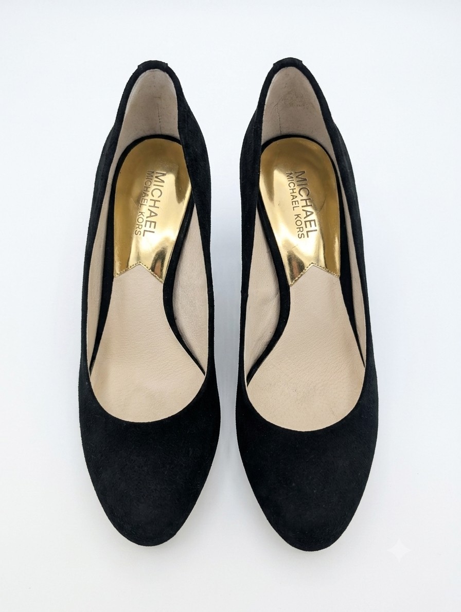 Michael Kors Black Suede Flex Pumps High Heels Gold Accents Size 8 Classic