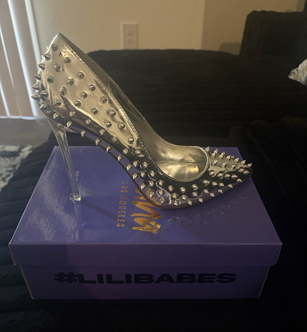 Lili Babes Silver Spiked Studded Pointed Toe Stiletto Slip-On Pumps 10 NIB