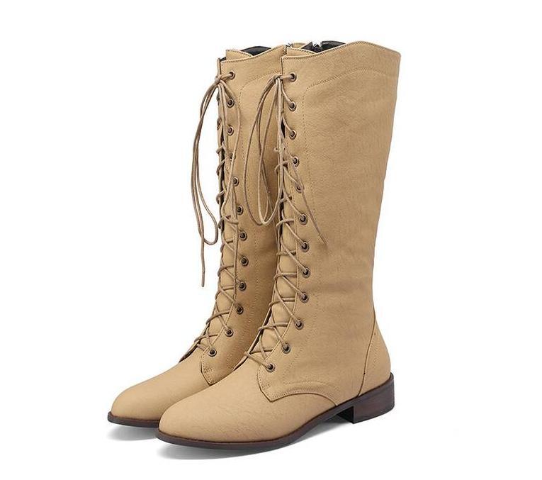 Women’s Mid Calf Boots Punk Casual Shoes Flat Lace Up Side Zip Riding Outdoor SZ