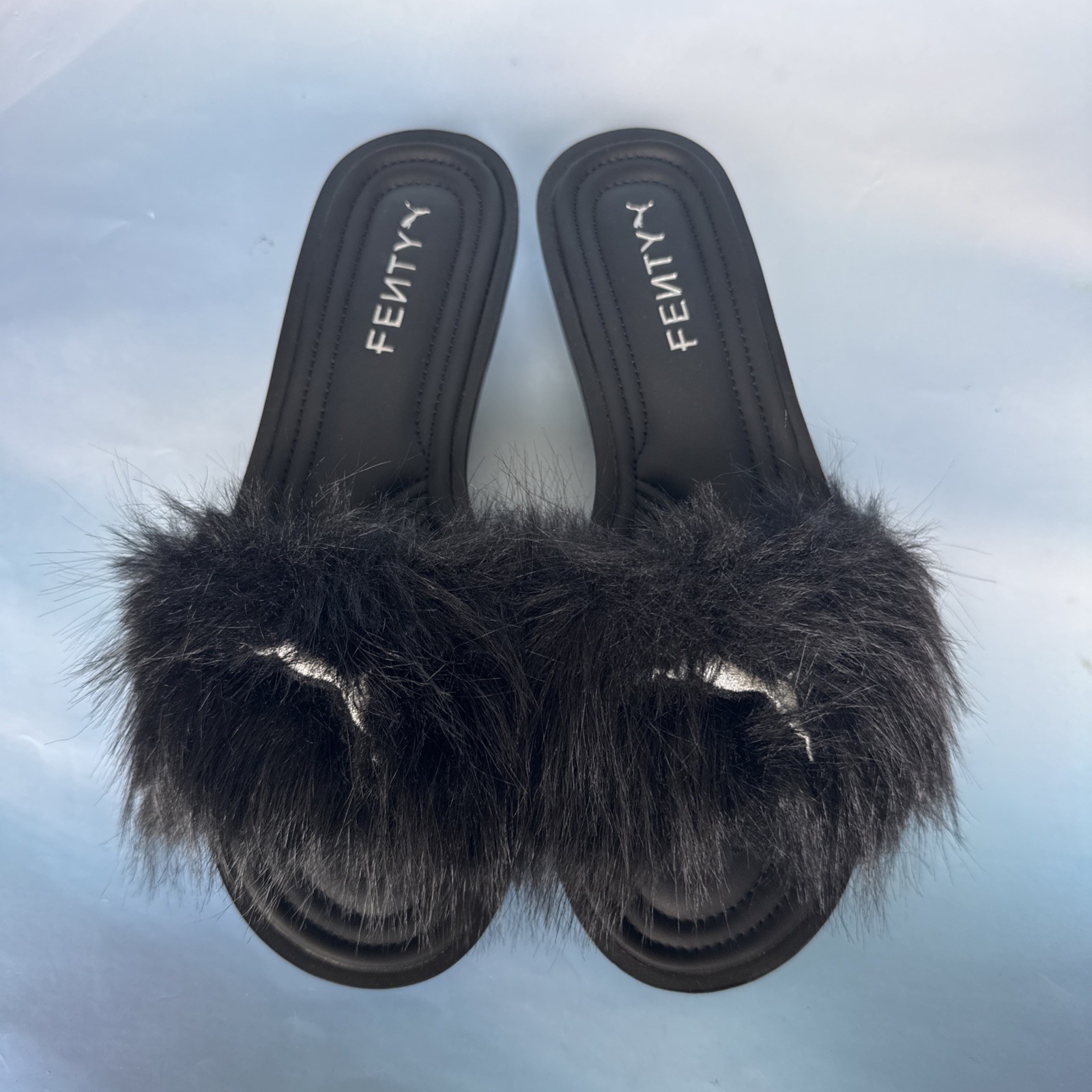 Puma x FENTY Rihanna Slide Chic Fur Black Silver Sandals Womens 10