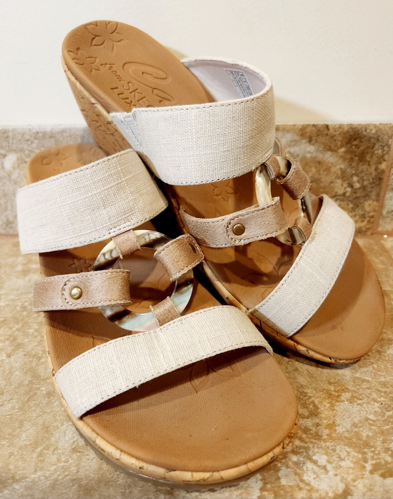 Cali From Skechers | Cork Beige Canvas Strap Luxe Foam Wedge Heel Sandals Size 9