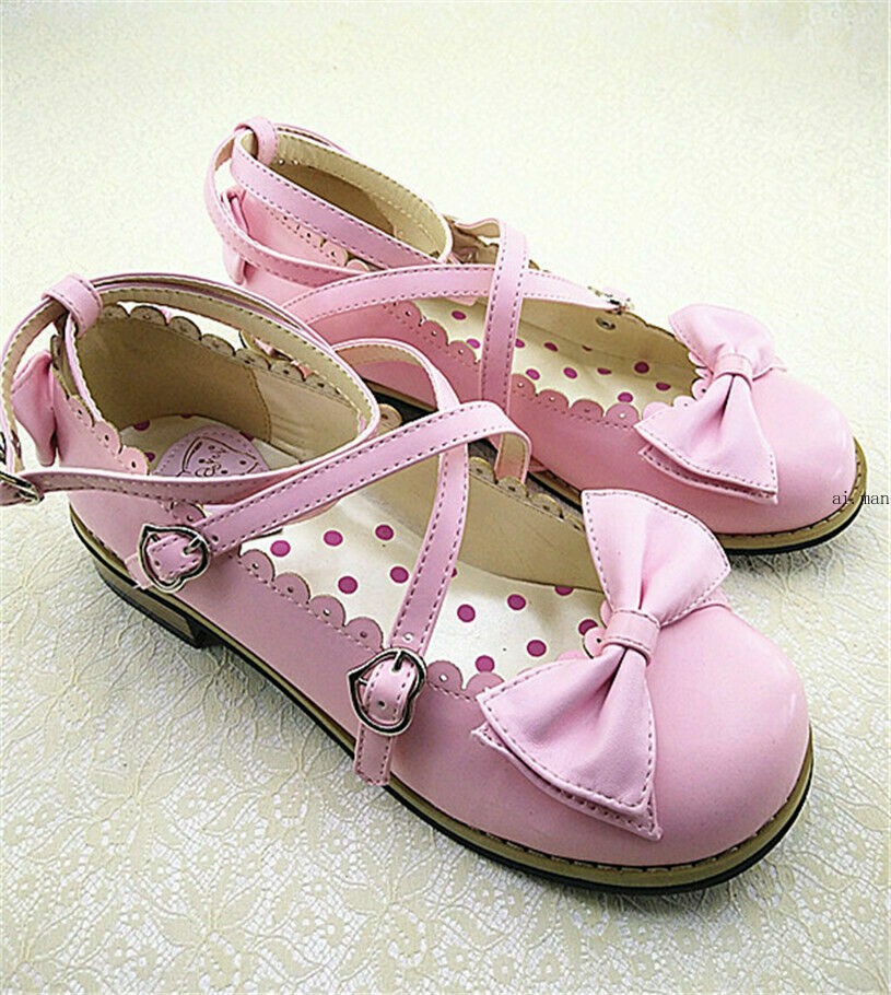 Women Lolita Low-heeled Mary Jane High Heel Cross Straps Bow Knot Princess Shoes