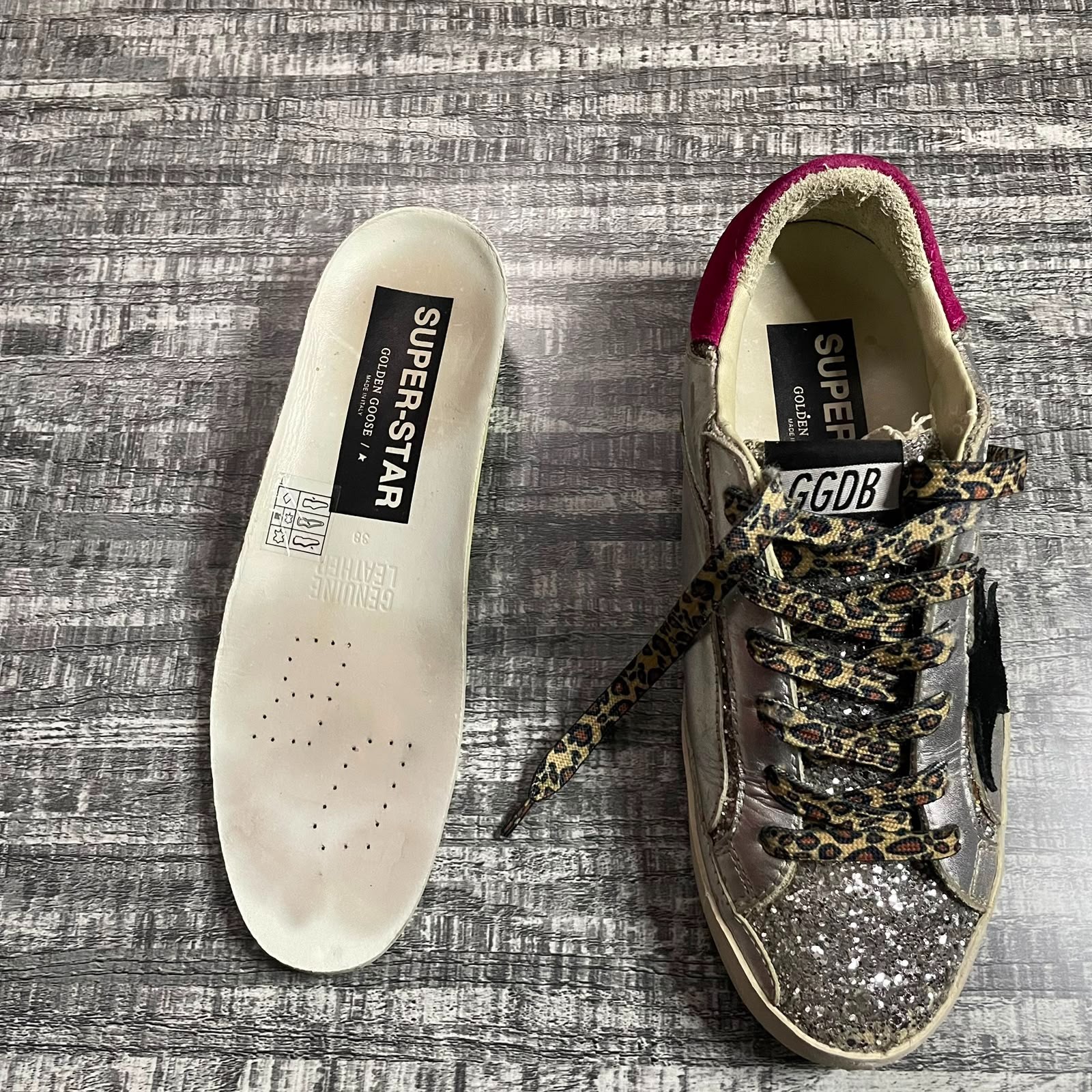 GOLDEN GOOSE SUPERSTAR SILVER GLITTER BLACK STAR PINK HEEL LEOPARD LACES EU 38