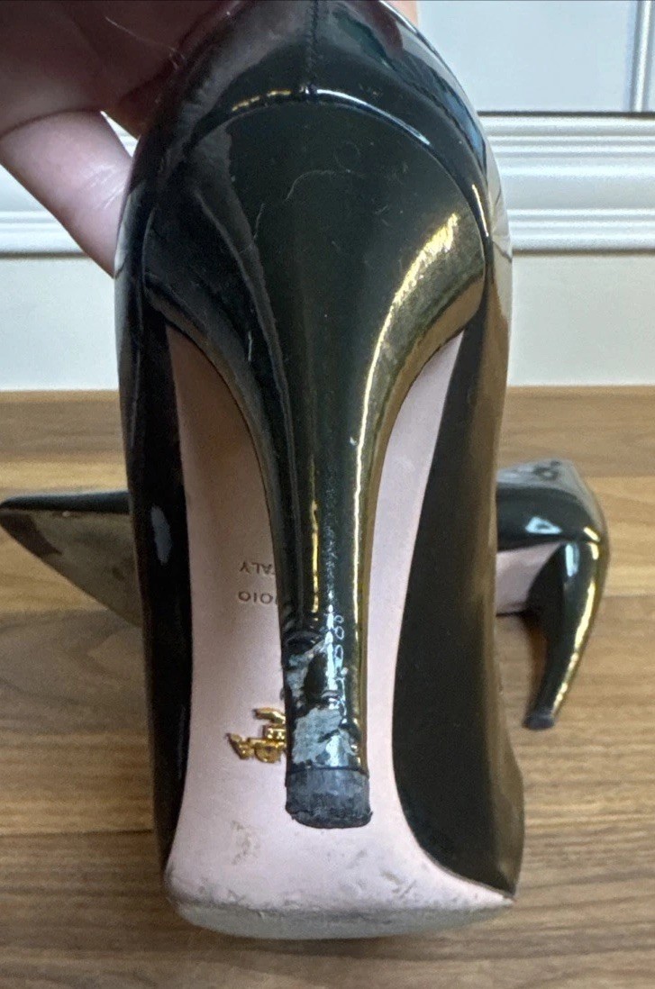 Prada Pumps Black Patent Leather Size 36 Pointed Toe Heels Designer 3.5 In Heel