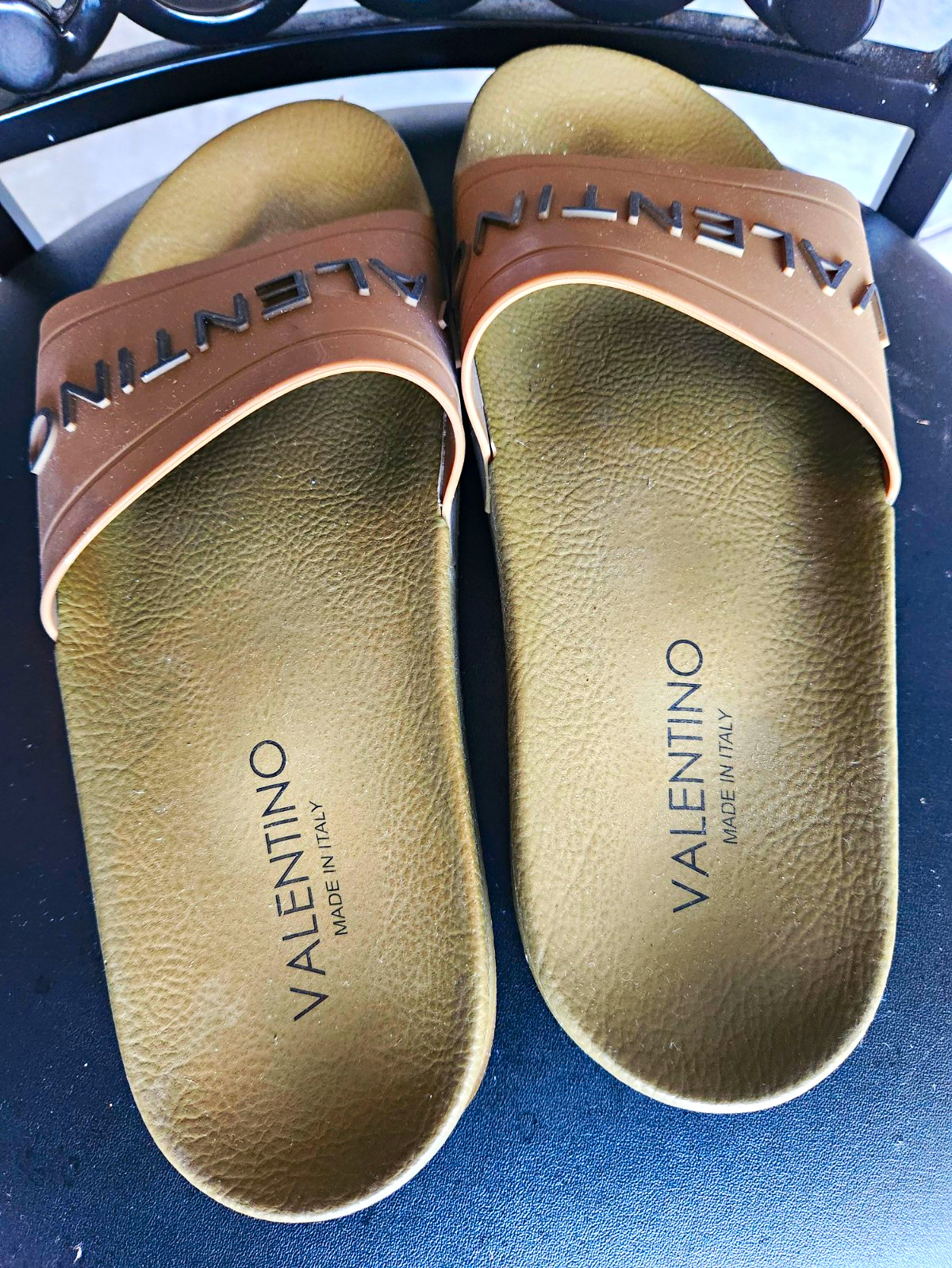 Valentino Logo Strap Slide Sandals Green/Beige Rubber Slip-On Unisex 10