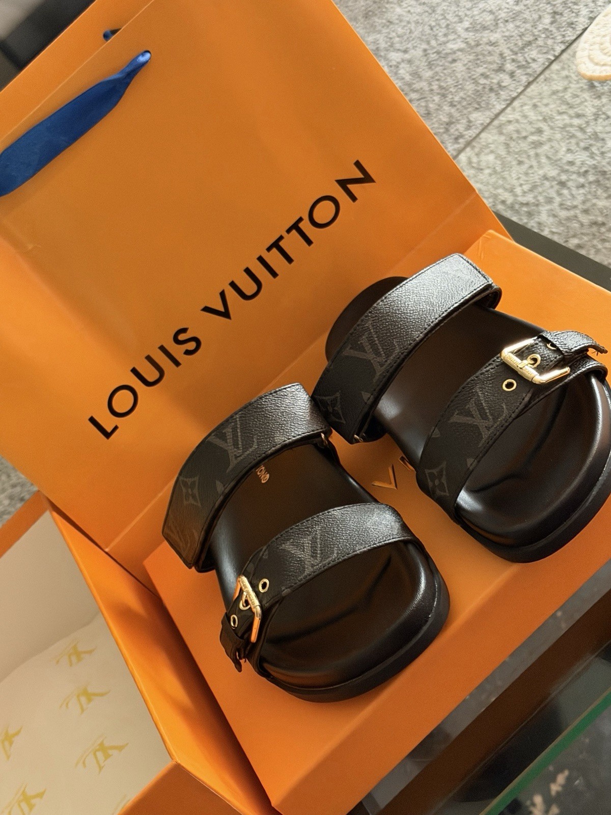 Louis Vuitton Black Monogram Logo Slide Sandals w/ Buckle Adjustable Strap