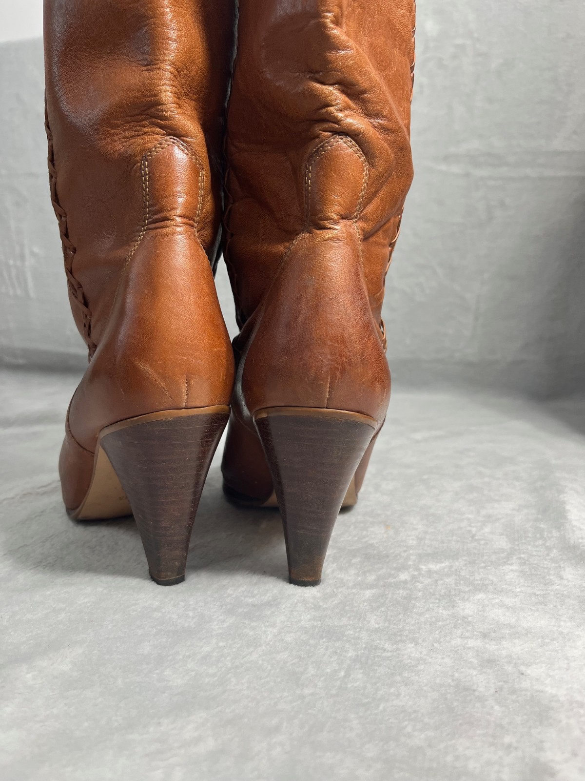 Vintage Leather Boots Brown Lace Up Detail Cone Heel Boho Western Size 9 M