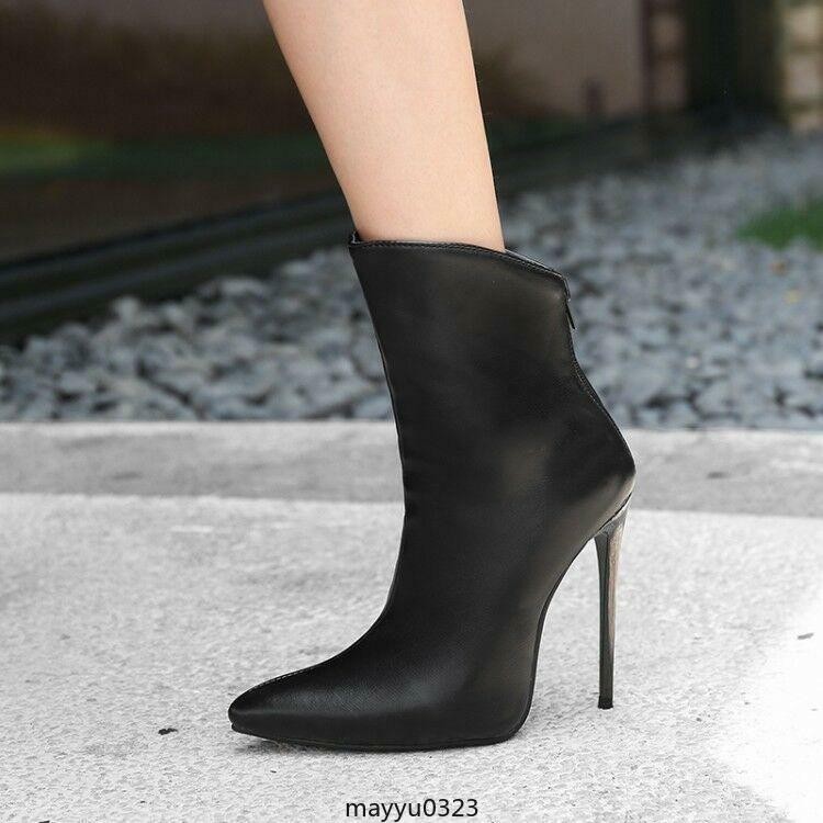 Womens Ankle Boots High Stilletto Heel Zip Pointy Toe Shoes Clubwear Oversize