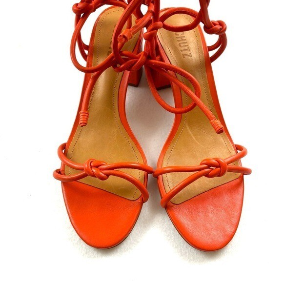 NWOT Schutz Flame Orange Leather Strappy Block Heel Made Brazil Sandal Size 10B