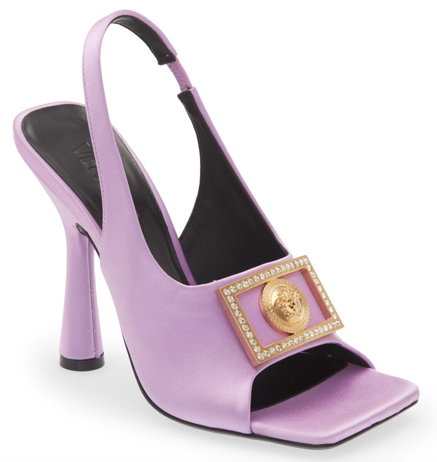 NIB Versace Tribute Medusa Logo Crystal Satin Open Toe Slingback Pumps 37.5 7.5