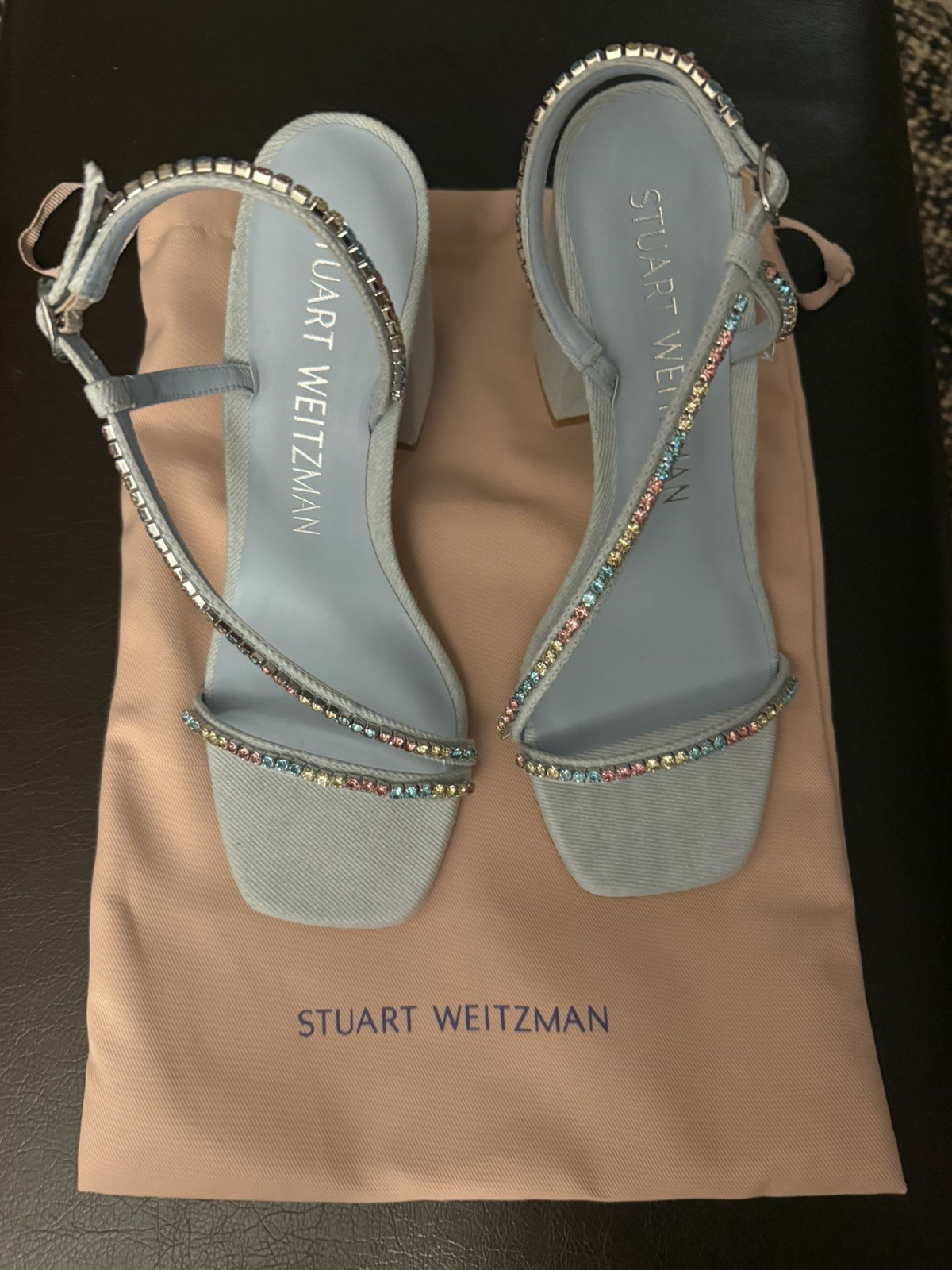 $575 Stuart Weitzman Women’s Blue Soiree Crystal 85 Block Sandal Shoes Size 9