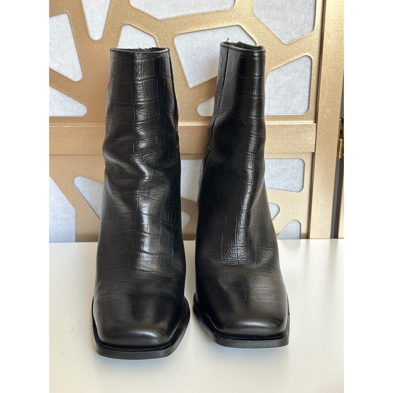 Seychelles Black Croc Embossed Leather Square Toe Block Heel Ankle Boots 8.5