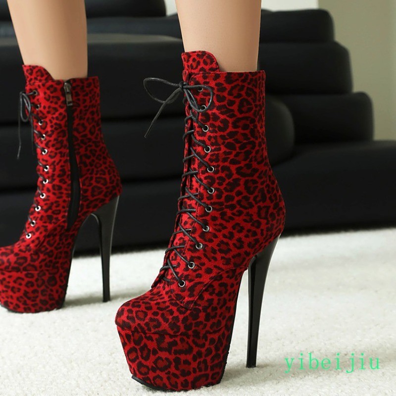 Womens Super High Heel Ankle Boots Leopard Platform Performance Shoes Nightclub