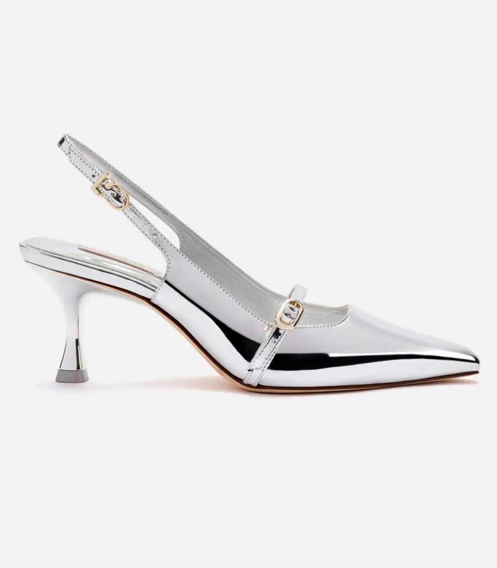 $360 LARROUDE Ines Pump POINTED BUCKLE LEATHER Silver Specchio 8.5 (DC5)