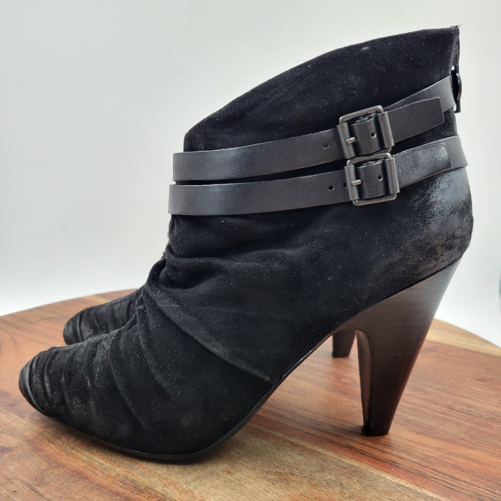 ASH Ankle Boots Womens 40 / 9.5 Black Suede Buckle Strap Heel Pointed Zip Bootie