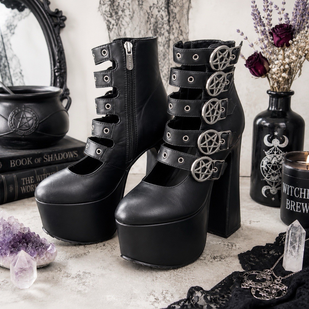 Sz 8 Kllstar Platform Heels Pentagram Buckles Witchy Goth Punk Shoes Boots