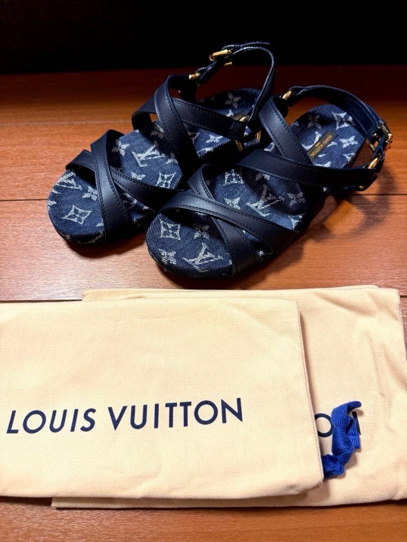 Louis Vuitton Monogram Denim Sandals Flat US 6.5 EU 36 Navy Gold Metal LV Logo