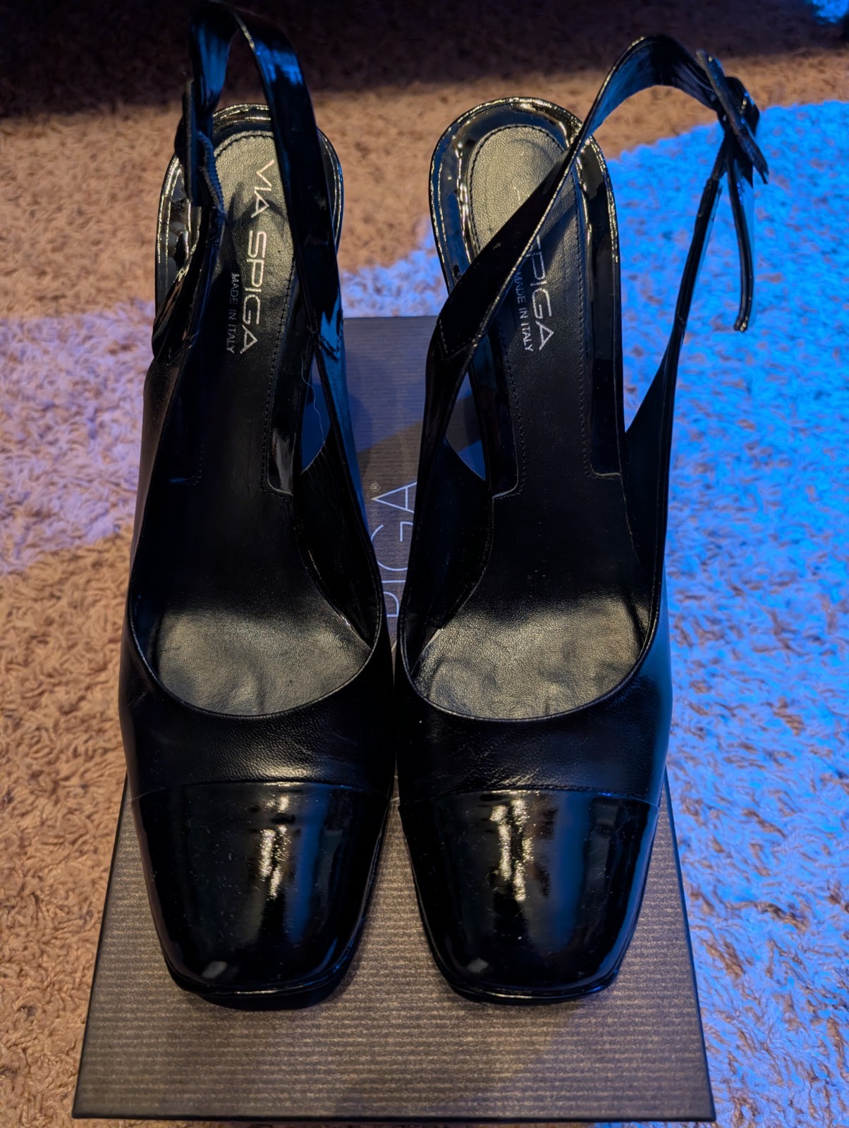 Via Spiga Black Leather Heels Sz 10 Shiny and Great Shape