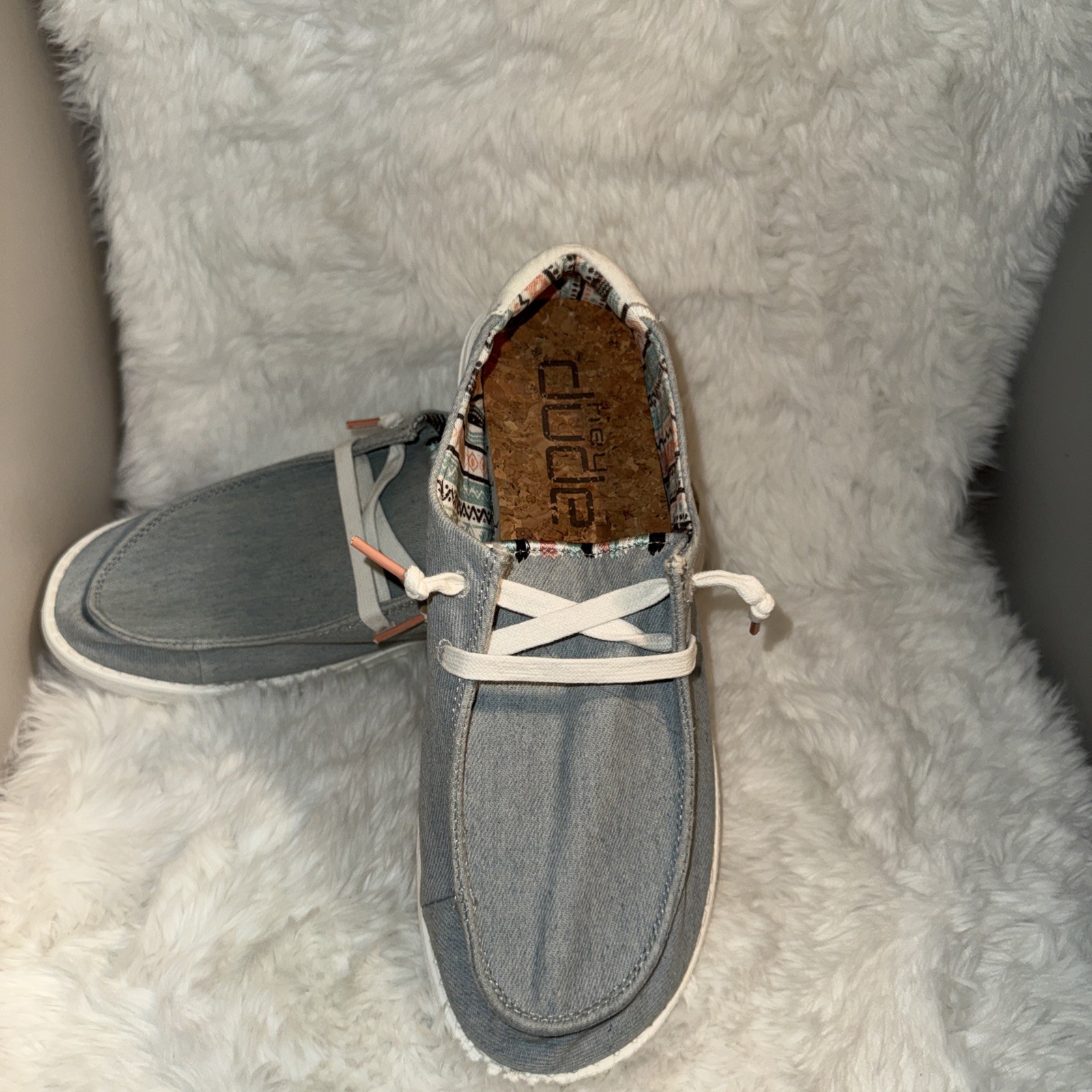 Hey Dude Wendy Boho Light Denim Size 10 Embroidered Blue White Slip-Ons Comfy