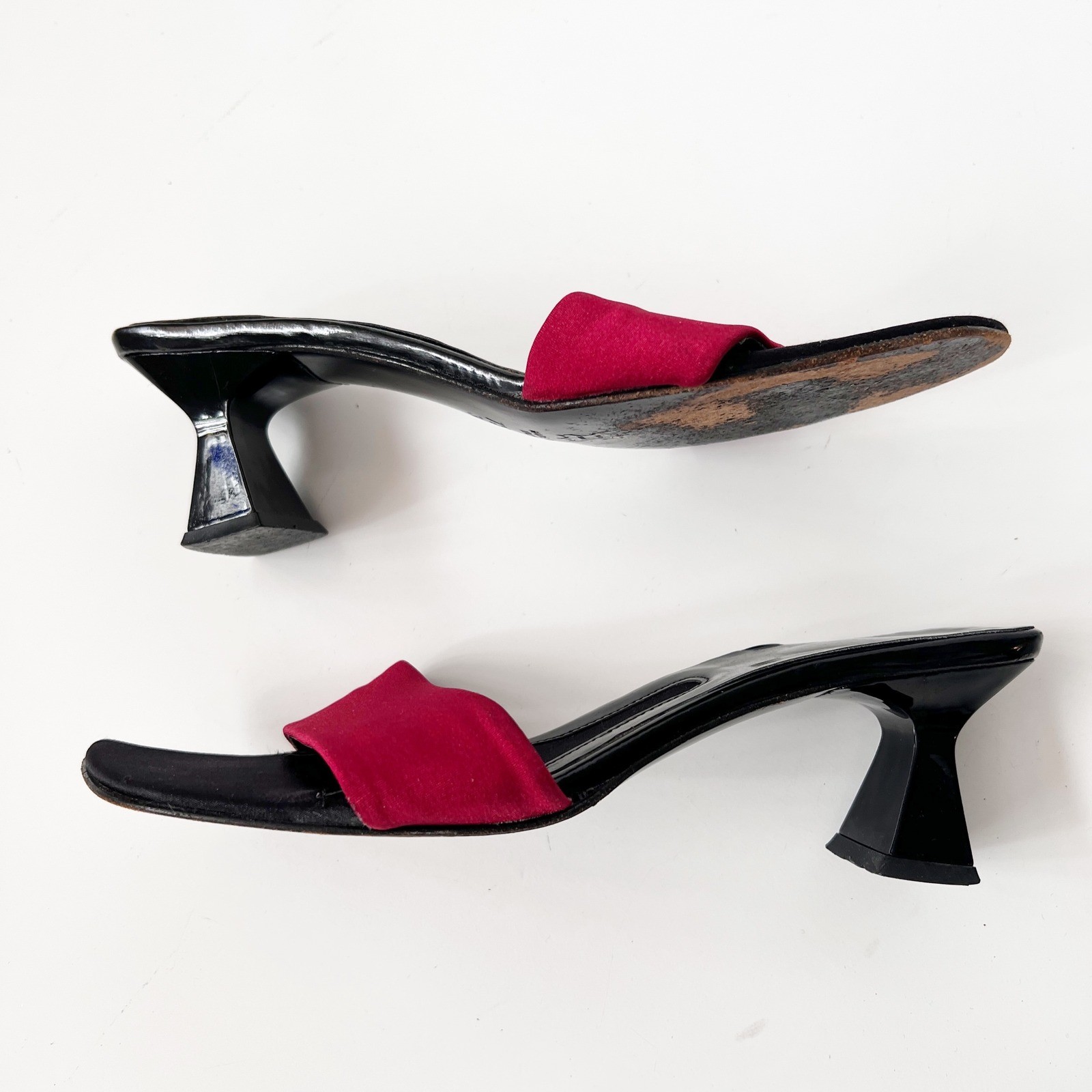Vintage 90s Kitten Heel Mules Size 7.5 Black Red Square Toe Italian Sculptural